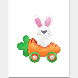 Watercolor Easter Bunny Carrot Car Posters and Art